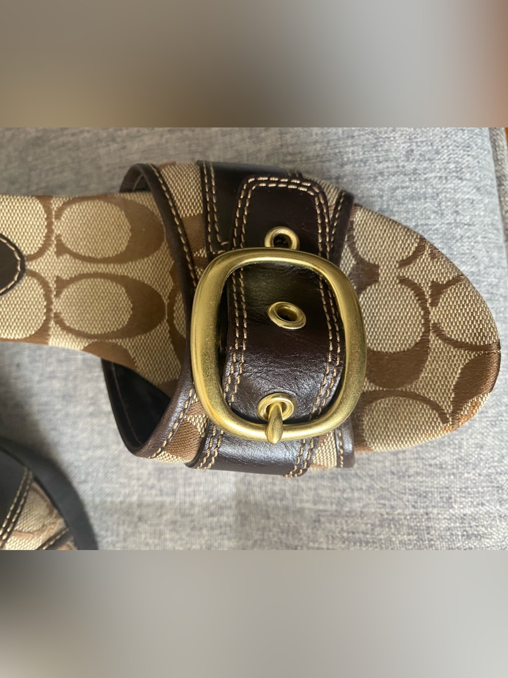 Coach Greta Brown Y2K Luxe Signature Brown Leather Slide Sandals Gold Buckle 7 - Picture 3 of 12